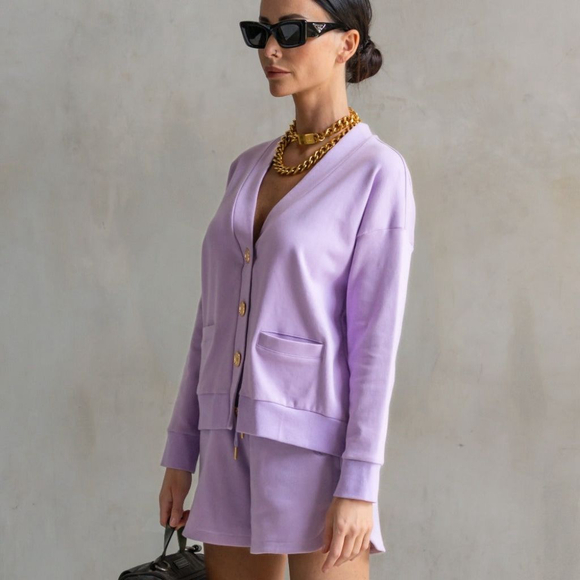 Care Tucker Court Interlock Cardigan Lavender pastel purple gold women large New